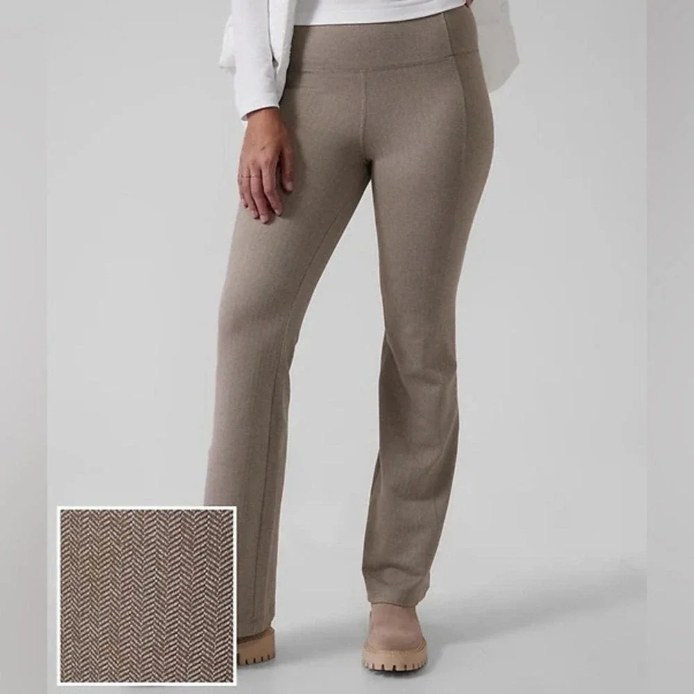 Athleta Delancey Herringbone Flare Pants Brown Tan High Rise Trousers Womens M - Picture 1 of 8